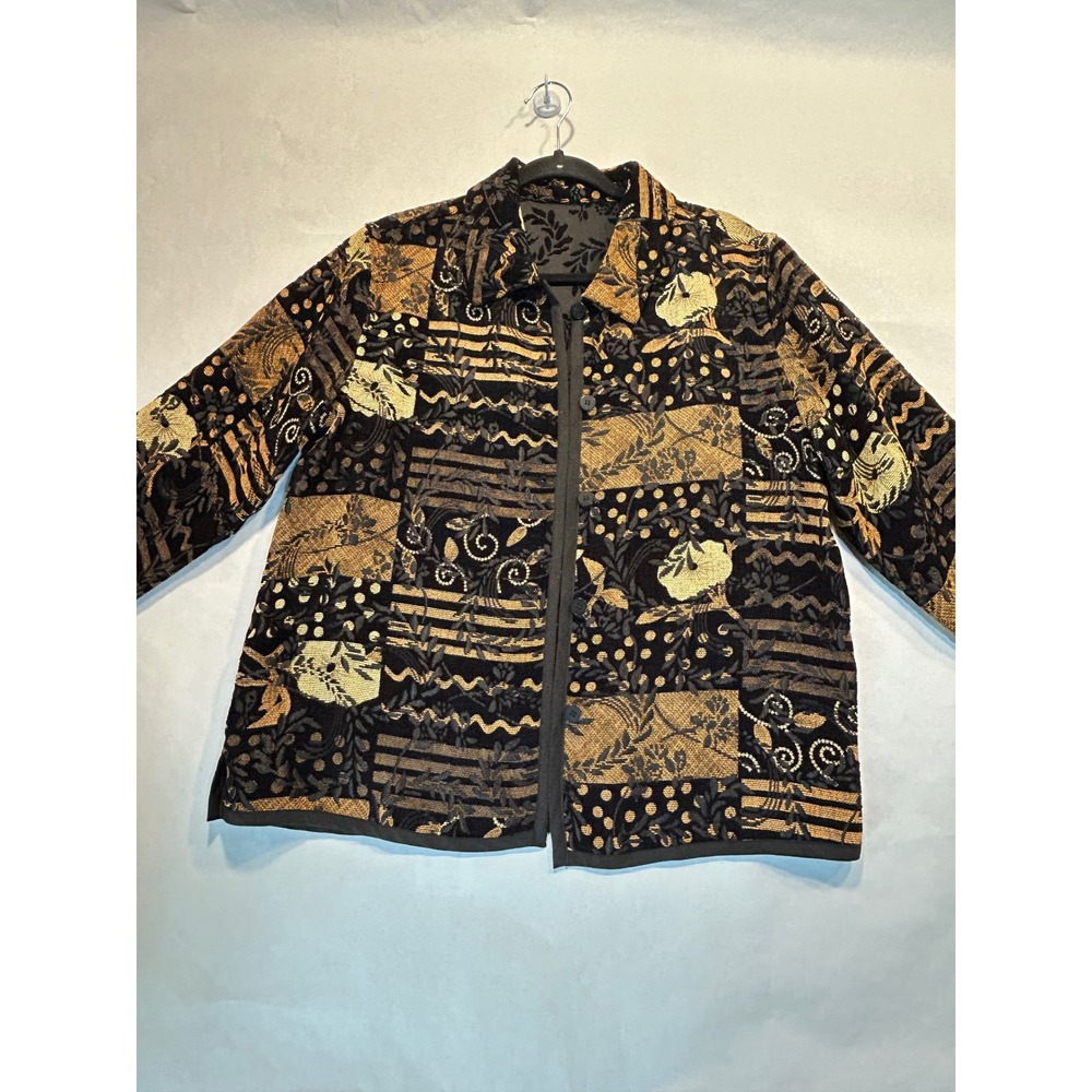 Coldwater Creek Gold Black Tapestry Reversible Jacket Patchwork Floral L Women